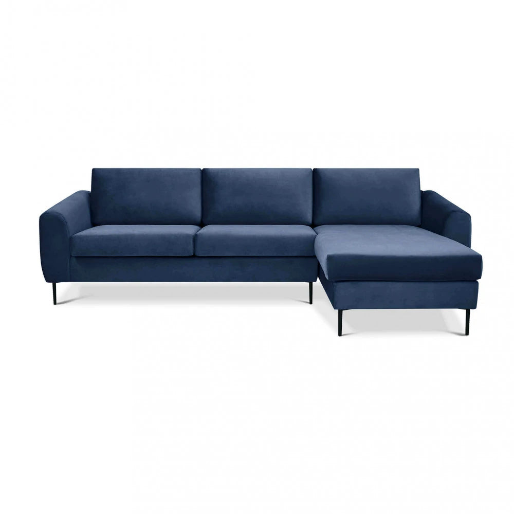 Divano con Chaise Longue Gregory in Tessuto Blu (281 cm) con gambe in metallo, design moderno e confortevole