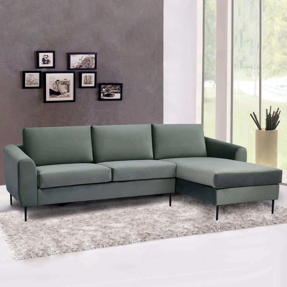 Divano con Chaise Longue Gregory in Tessuto Grigio (281 cm) con gambe in metallo, design moderno e confortevole, ambientazione