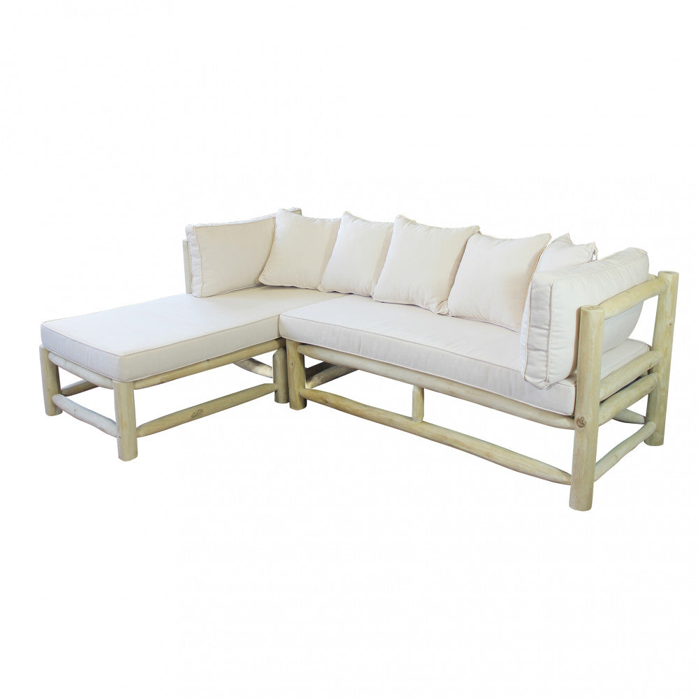 Divano con Chaise Longue Martinez con struttura in teak color tortora, completo di cuscini.