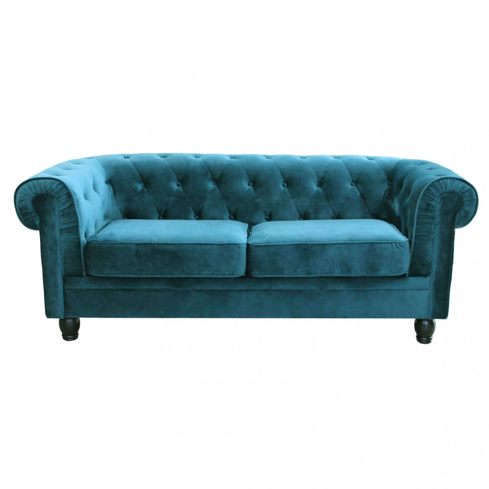 Divano Chesterfield 3 posti in velluto blu, completo di schienale e braccioli lavorati a capitonnè