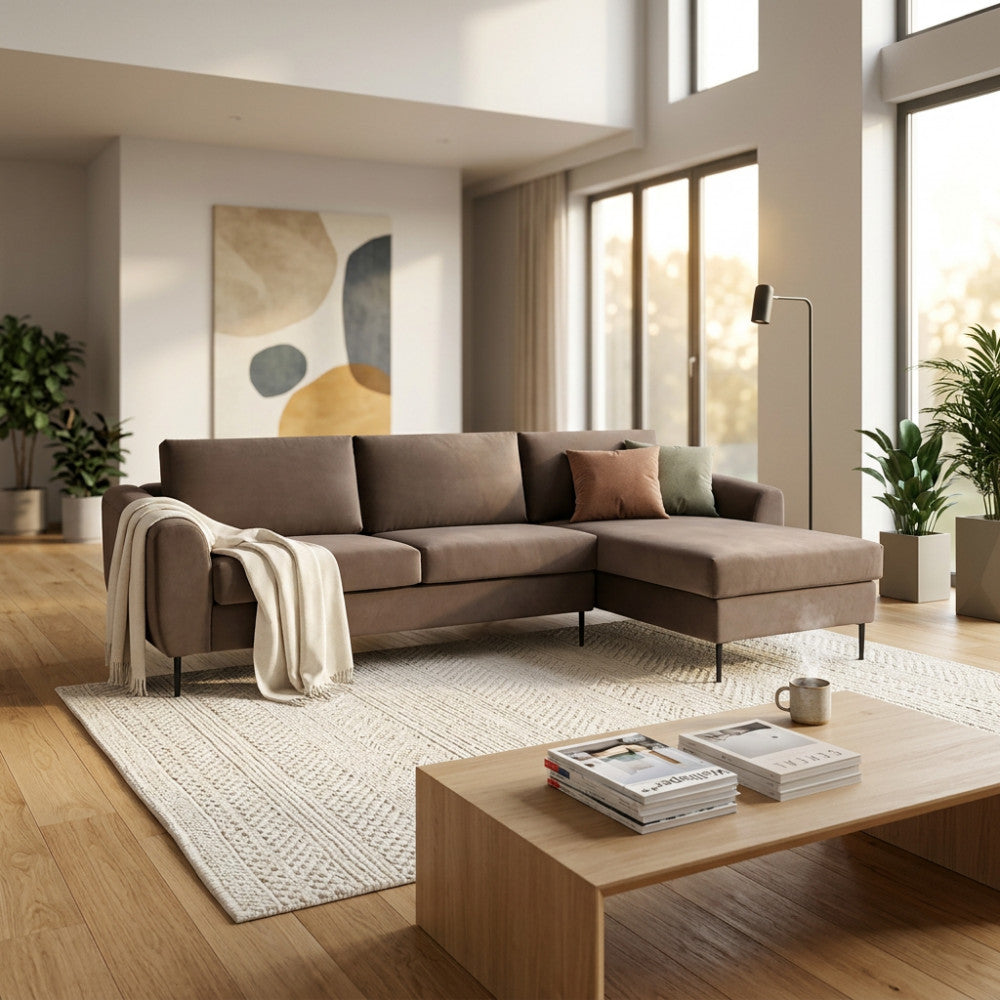 Divano con Chaise Longue Gregory 4 Posti in Tessuto Marrone - HF807210-MRNE