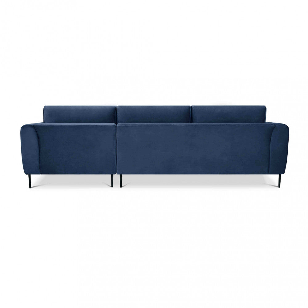Vista posteriore del divano Gregory in tessuto blu, mostrando la struttura lineare.