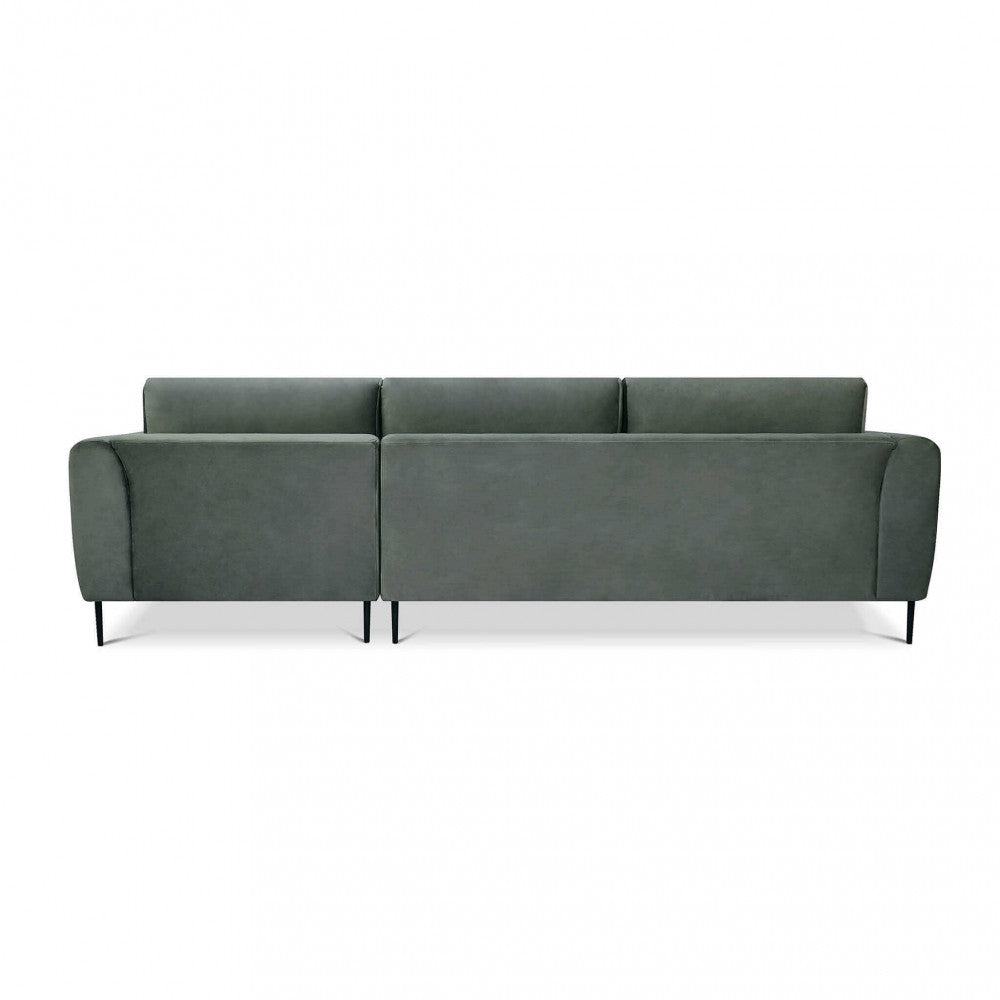 Vista posteriore del divano Gregory in tessuto grigio su sfondo bianco, caratterizzata da un design lineare e schienale compatto.