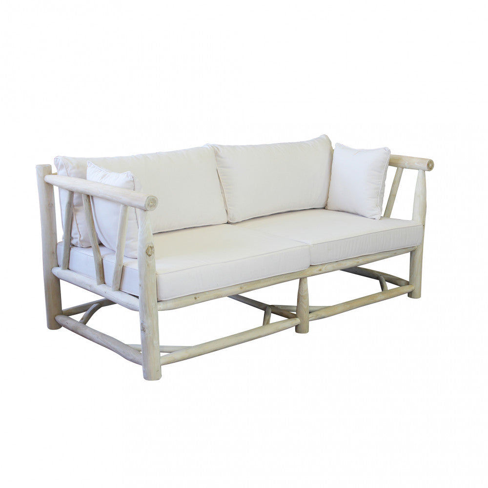 Divano da Esterno Martinez 3 Posti con struttura in teak e cuscini bicolore bianco e tortora.