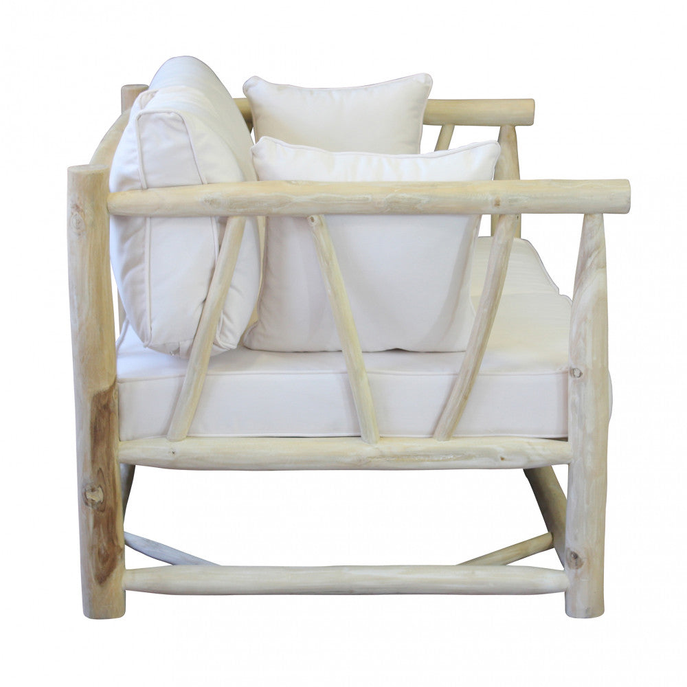 Divano da Esterno Martinez 2 Posti con struttura in teak e cuscini bicolore bianco e tortora.