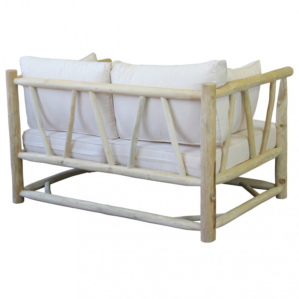 Divano da Esterno Martinez 2 Posti con struttura in teak e cuscini bicolore bianco e tortora.