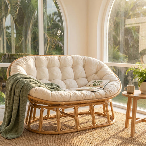 Divano Hanoi a due posti in rattan con cuscino bianco e coperta verde, ambientato in una luminosa veranda con ampie finestre ad arco.