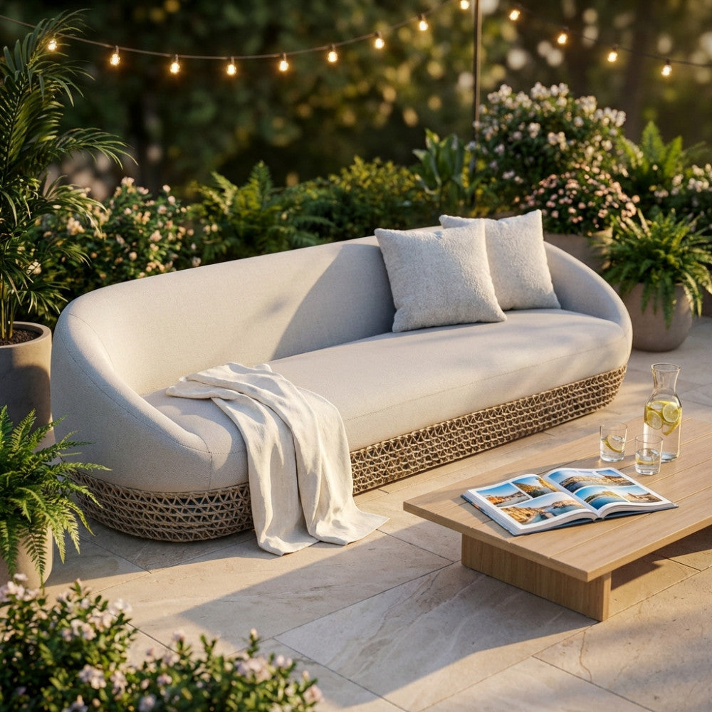 Divano Lafayette a tre posti in corda beige e alluminio, ambientato in un giardino serale con luci calde e cuscini decorativi.