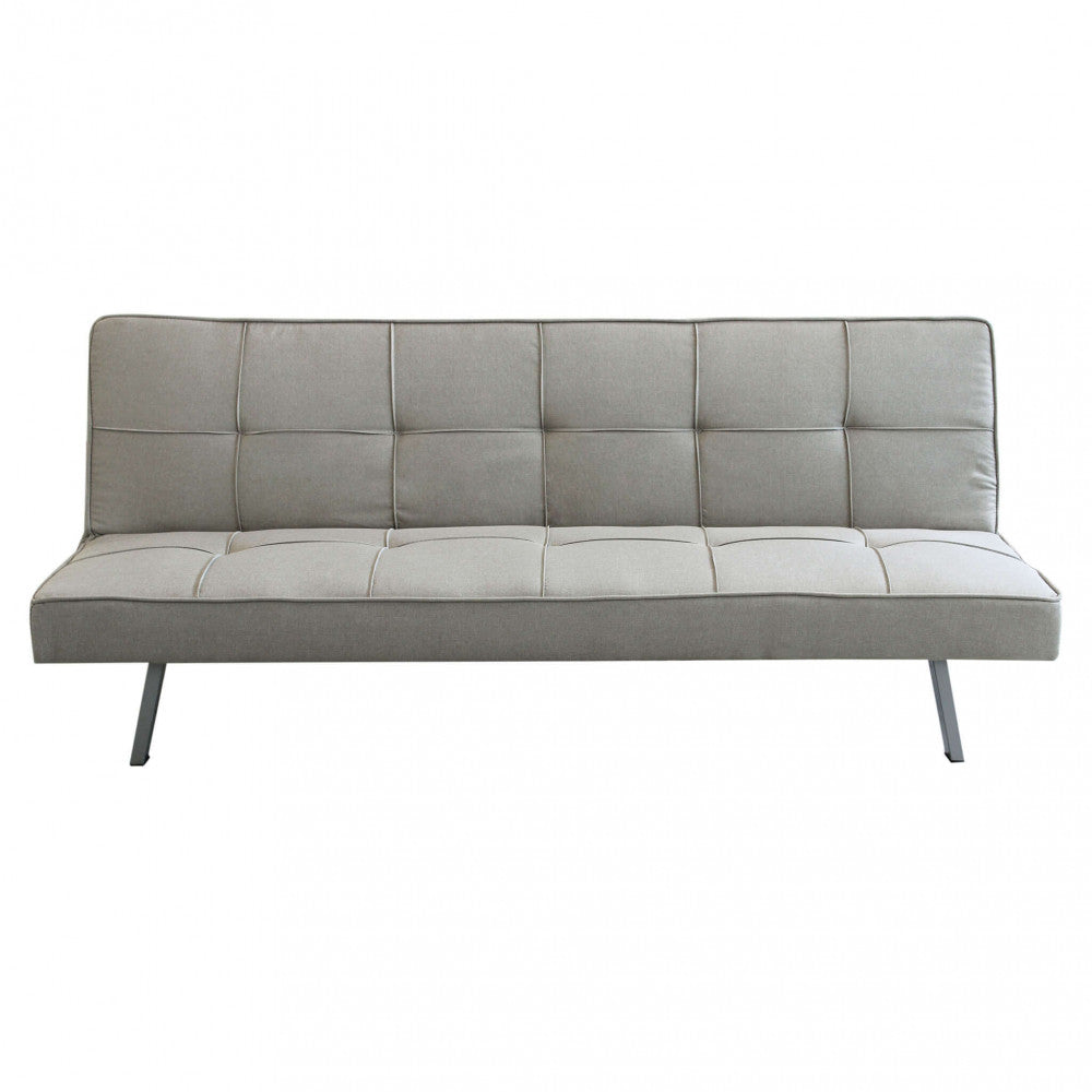 Vista frontale del divano letto Aaron su sfondo bianco, che sottolinea la simmetria delle impunture e l'eleganza minimalista del design.