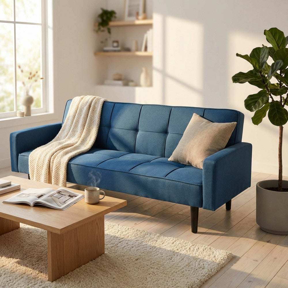 Divano Letto Anson 3 Posti in Tessuto Blu Mélange - HF807094