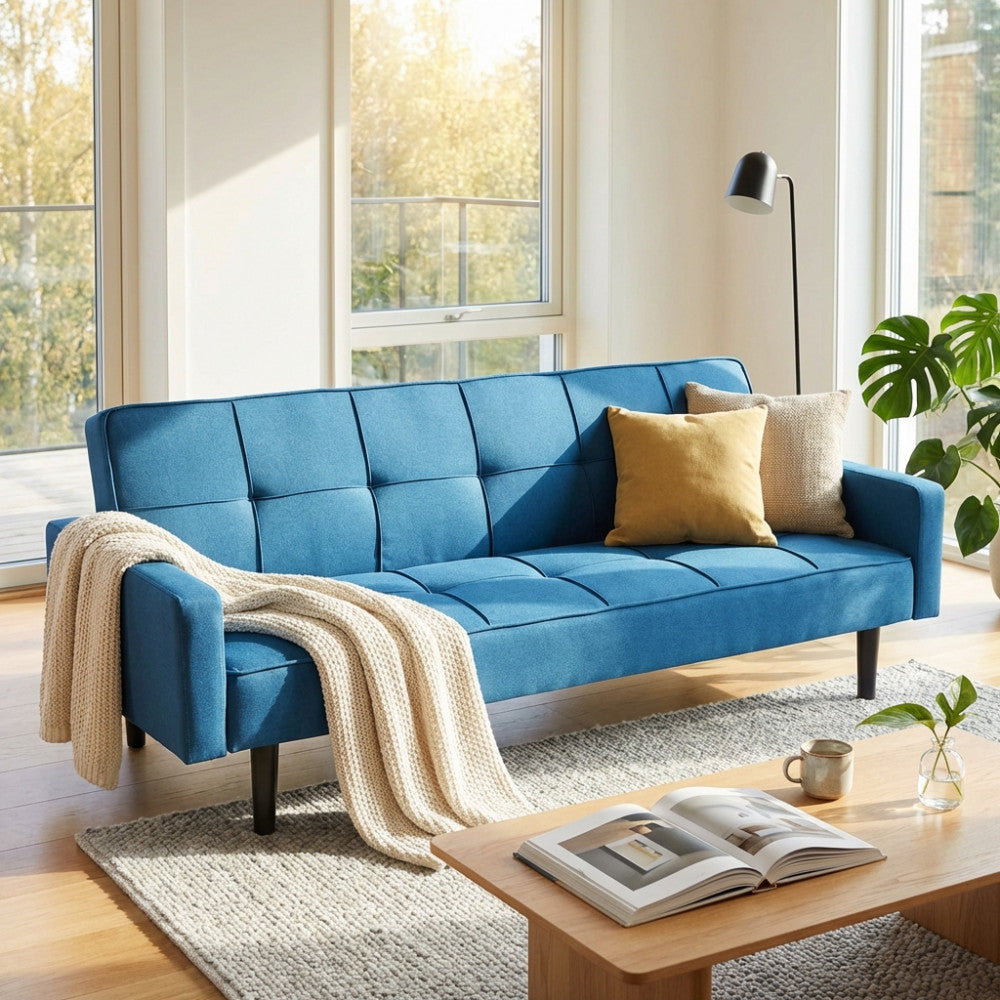 Divano Letto Anson 3 Posti in Tessuto Blu Mélange - HF807094 - foto 2