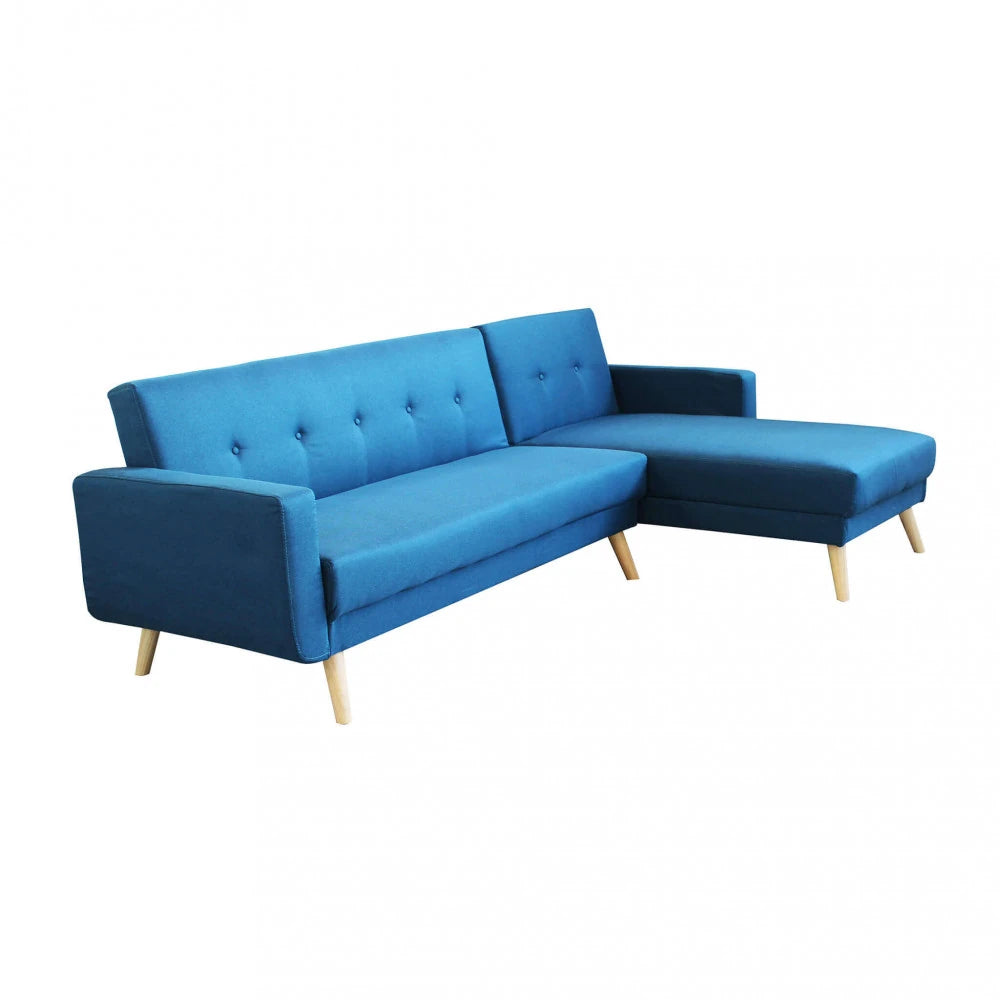 Divano Letto Arthur 176 cm in Tessuto Blu Melange, struttura in metallo e legno, design versatile e funzionale, panoramica laterale