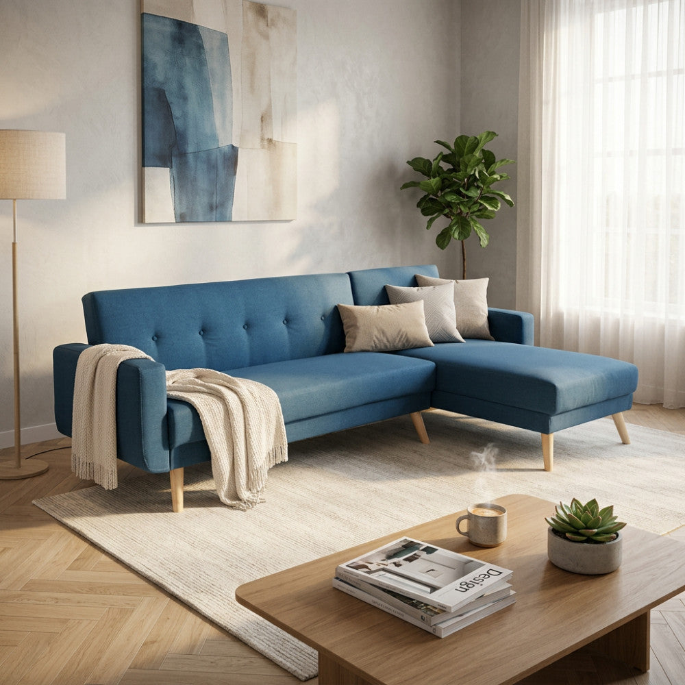 Divano letto Arthur a 4 posti in tessuto blu melange ambientato in un luminoso soggiorno moderno con lampada da terra.