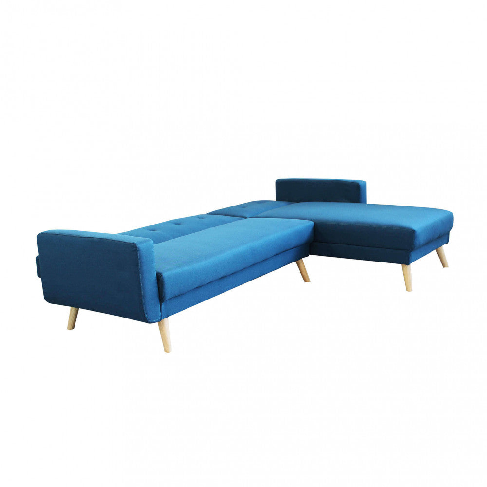 Divano letto Arthur isolato su sfondo bianco, vista angolare che evidenzia la struttura moderna e i piedini in legno chiaro.