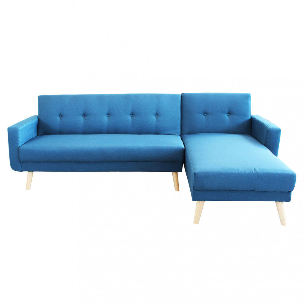 Vista frontale del divano letto Arthur a 4 posti in tessuto blu melange su sfondo bianco, con schienale trapuntato a bottoni.
