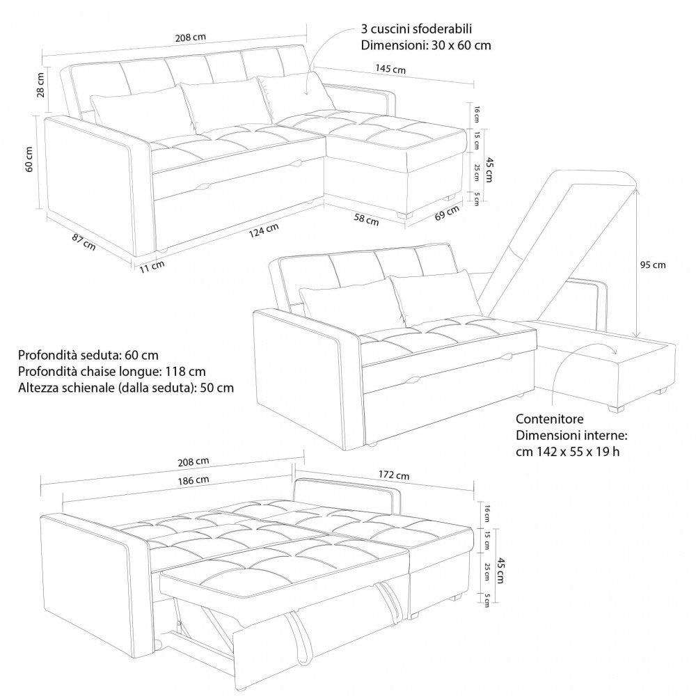 Disegno tecnico del divano letto Cedric illustrante tutte le dimensioni e le specifiche strutturali.