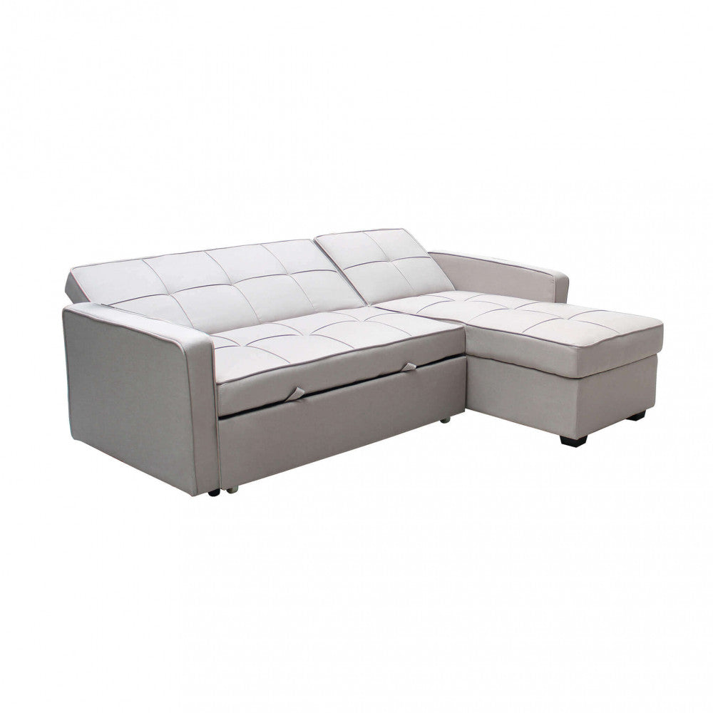 Vista frontale del divano letto Cedric con chaise longue, isolato su uno sfondo bianco puro.