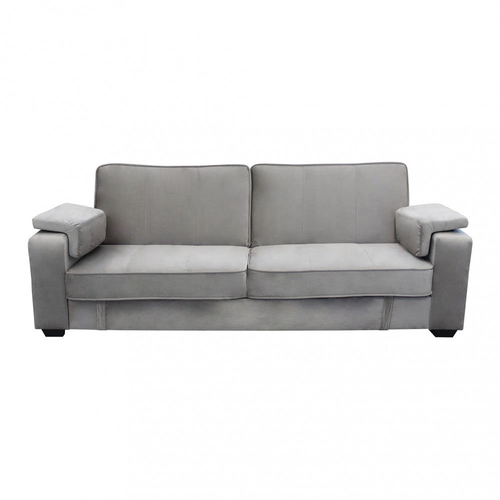 Vista frontale del divano letto Darell a 3 posti in tessuto tortora, con sedute ampie e braccioli dal design ergonomico, su sfondo bianco.