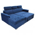 Divano letto Derrick in tessuto blu, completamente esteso con pouf integrato.