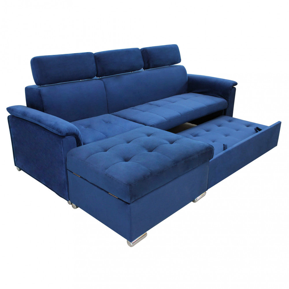 Divano blu con sezione letto parzialmente estratta, mostrando il meccanismo.