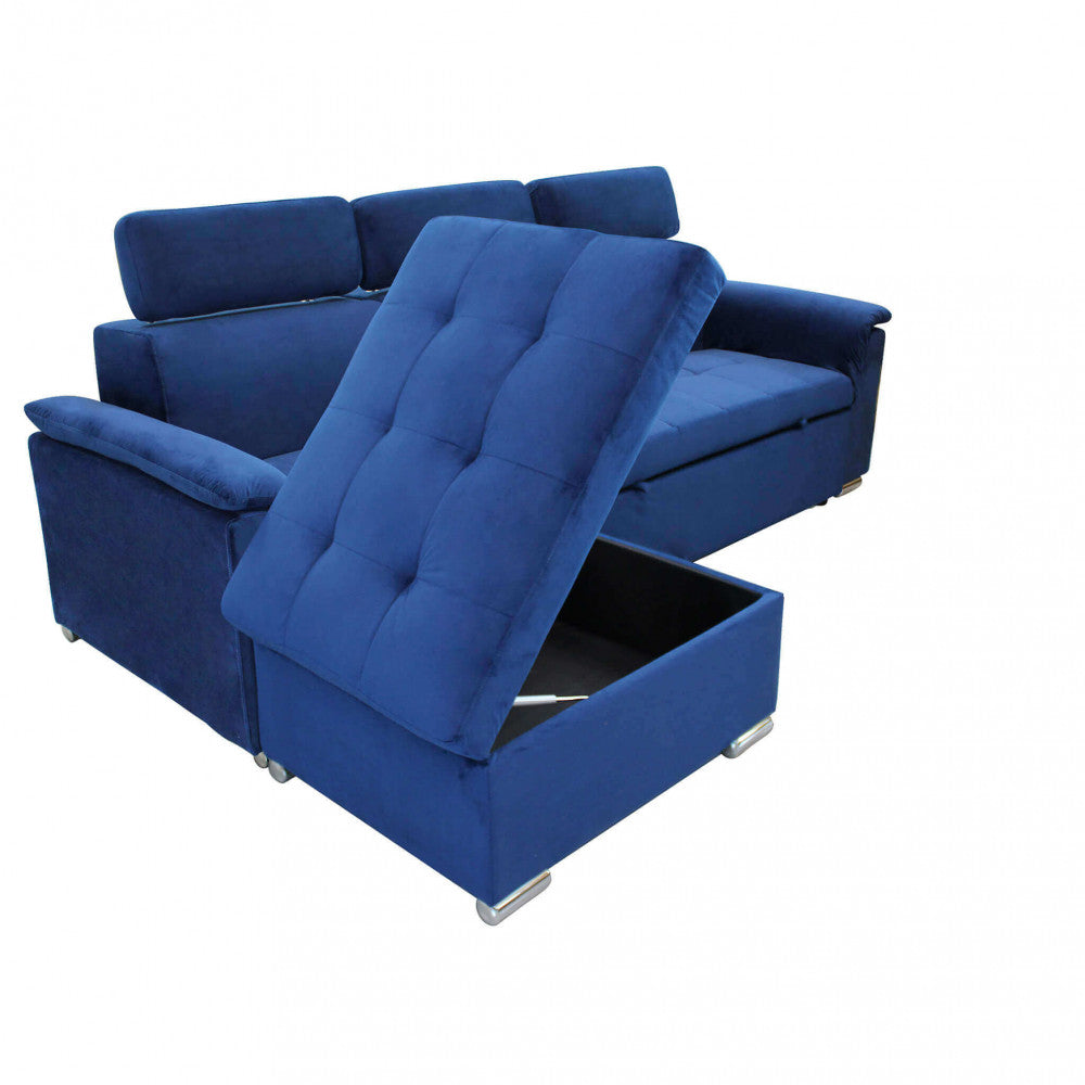 Pouf del divano blu aperto, rivelando l'ampio vano contenitore interno.