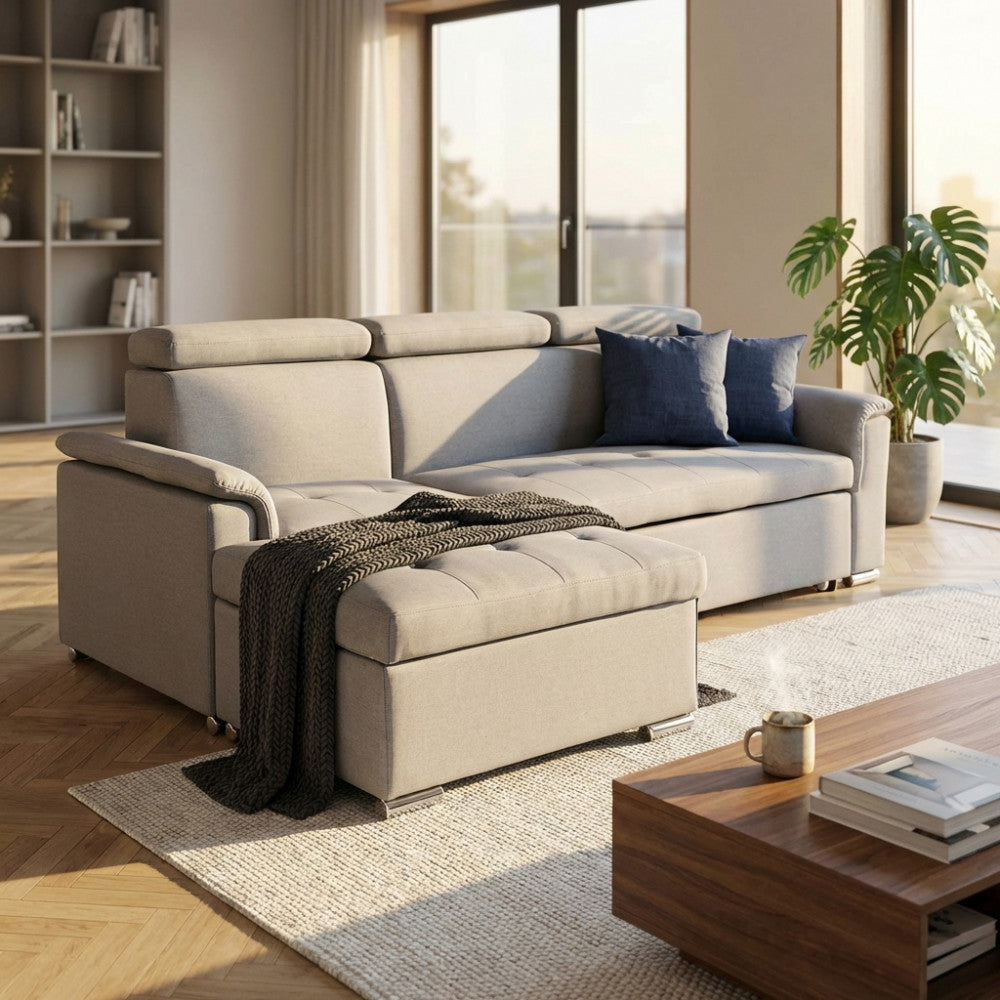 Divano letto Derrick a tre posti con cuscini blu in una zona living moderna con ampie finestre.