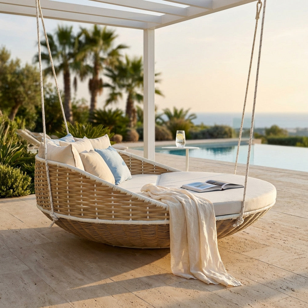 Dettaglio laterale del divano letto sospeso Formosa, che mostra la robusta struttura in rattan e le corde di sospensione in un ambiente outdoor di lusso.