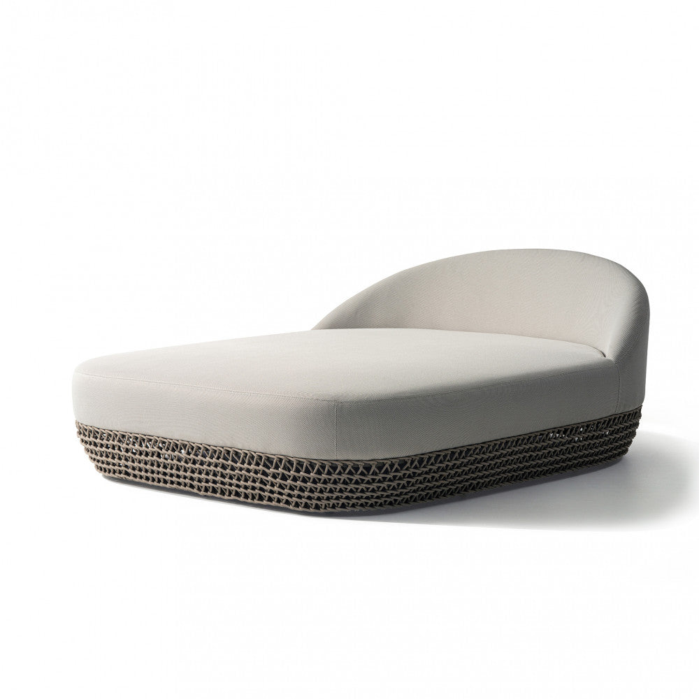 Vista angolare del divano letto Lafayette beige che mostra l'intreccio in corda e la seduta in poliestere.