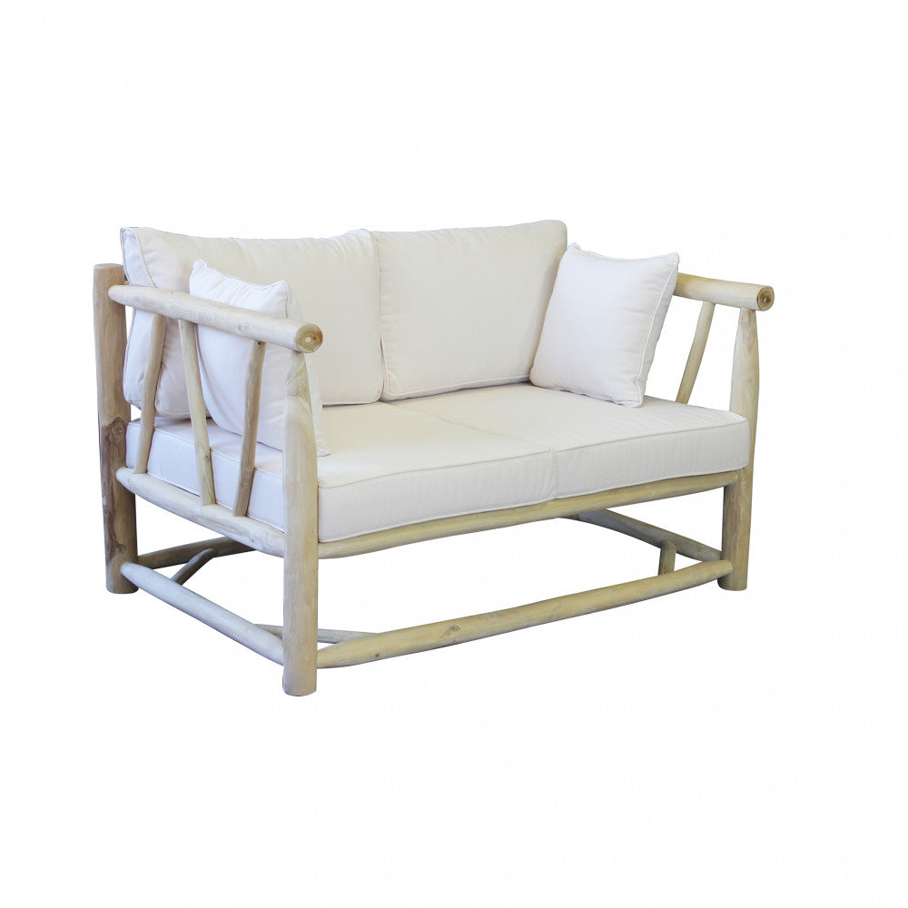 Divano da Esterno Martinez 2 Posti con struttura in teak e cuscini bicolore bianco e tortora.