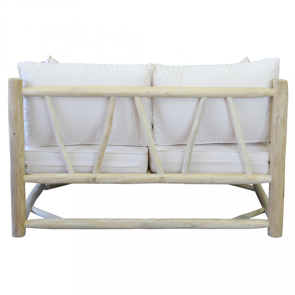 Divano da Esterno Martinez 2 Posti con struttura in teak e cuscini bicolore bianco e tortora.