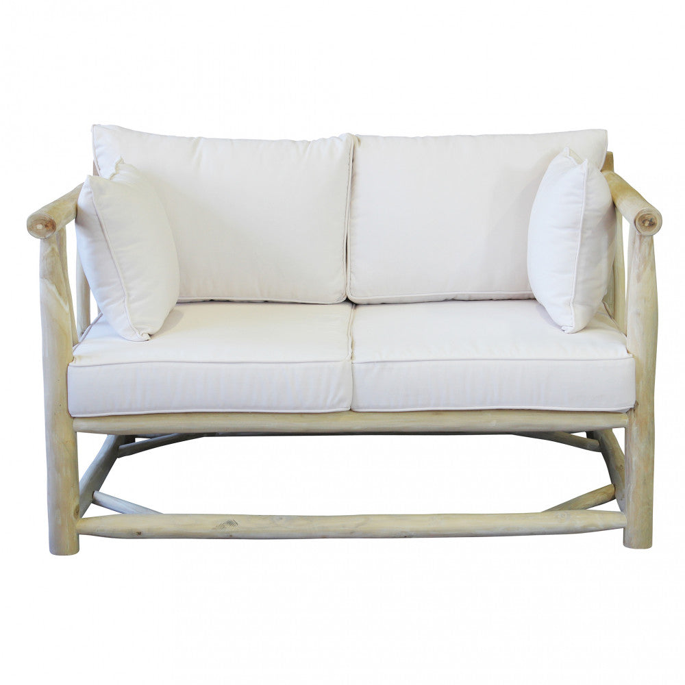 Divano da Esterno Martinez 2 Posti con struttura in teak e cuscini bicolore bianco e tortora.