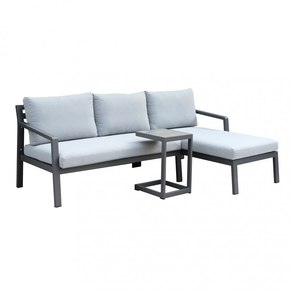 vista-laterale-Divano Komodo color antracite con tavolino integrato e cuscini, che mostra il suo design moderno e la struttura in alluminio. | Albert Stock