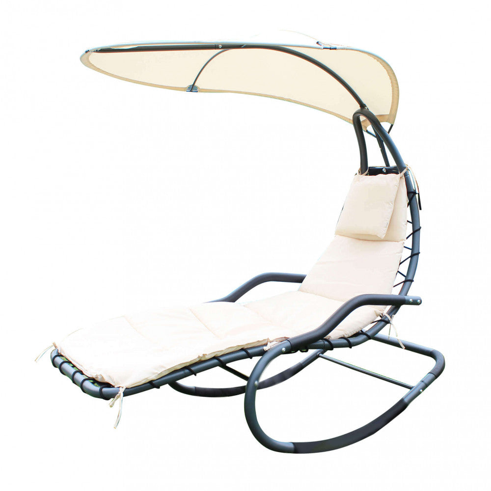 Dondolo da giardino Murano di colore bianco con tettuccio, struttura in acciaio, posizionato in un ambiente esterno.