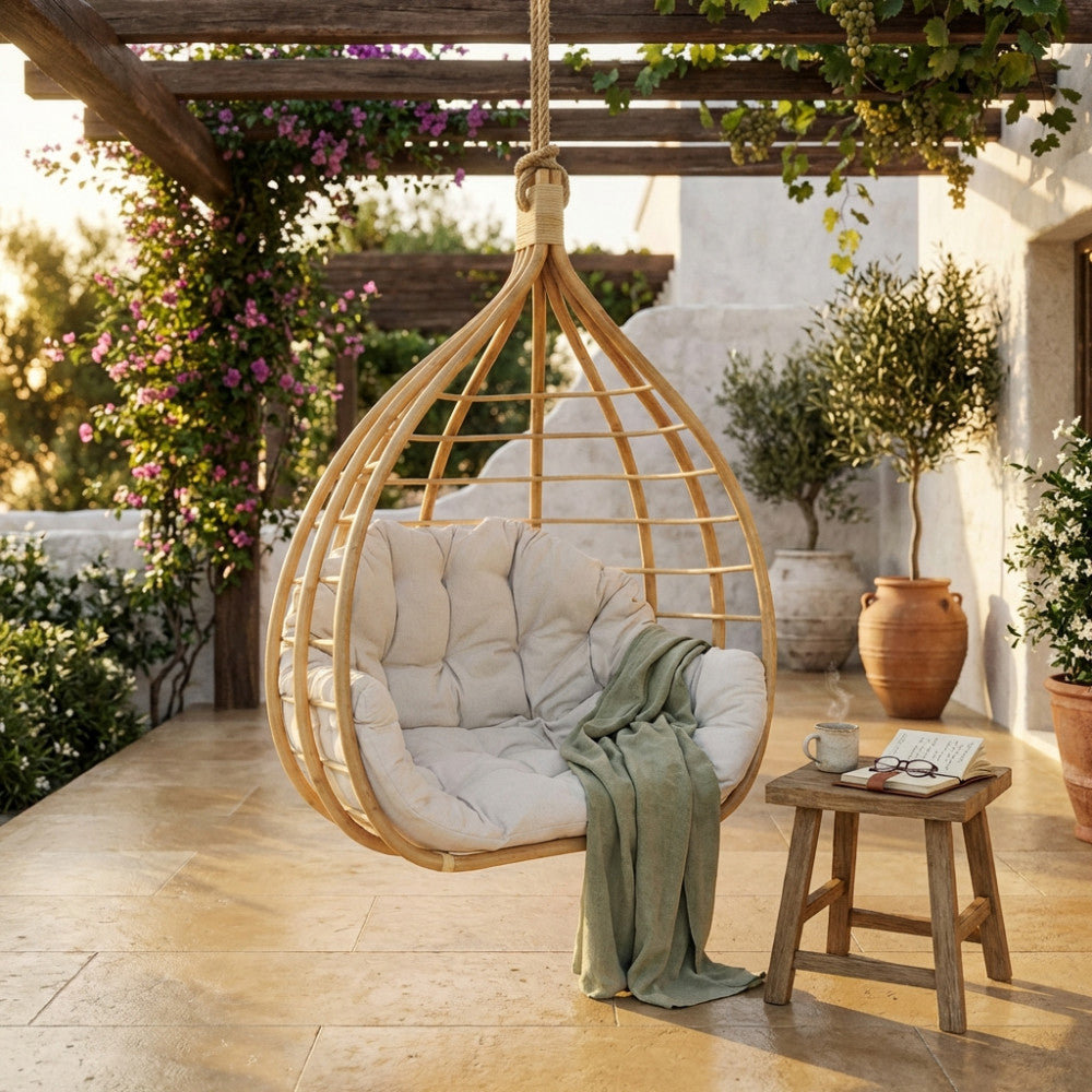 Dondolo sospeso Calypso in bamboo marrone chiaro con cuscino bianco, ambientato in un patio lussuoso al tramonto.