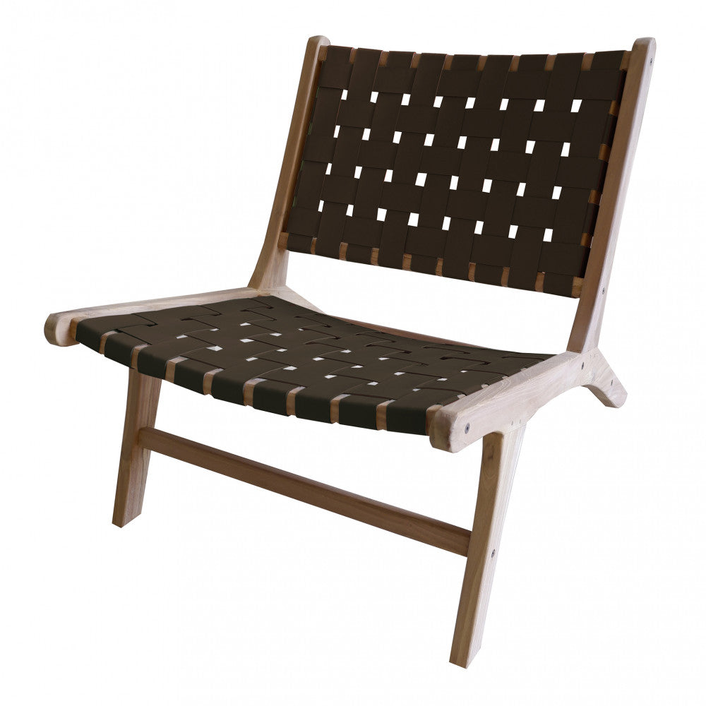 Sedia Alexander in teak naturale con seduta in ecopelle, vista frontale.