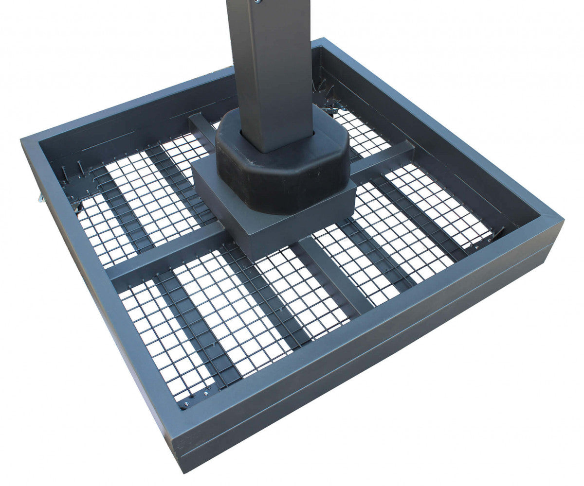 Primo piano della base con ruote dell'ombrellone da giardino Zeus, evidenziando la facilità di spostamento.