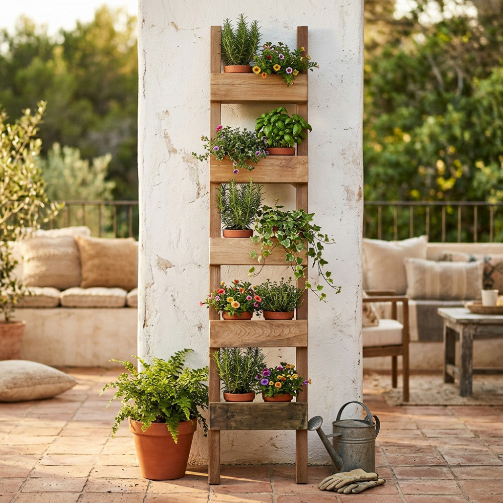 Fioriera Chelsey in legno riciclato marrone, allestita con piante aromatiche e fiori, appoggiata a un pilastro bianco in un patio esterno.