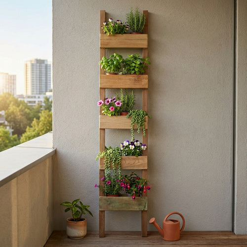 Dettaglio della fioriera a scala Chelsey su un balcone moderno, decorata con fiori colorati e piante verdi, accanto a un annaffiatoio.