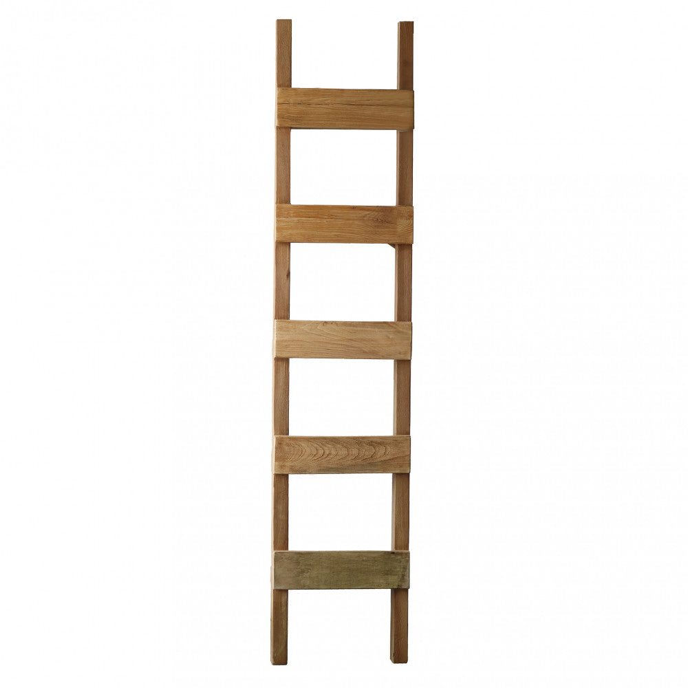 Struttura frontale vuota della fioriera Chelsey, che mostra i cinque ripiani in legno massiccio riciclato dal design industrial.