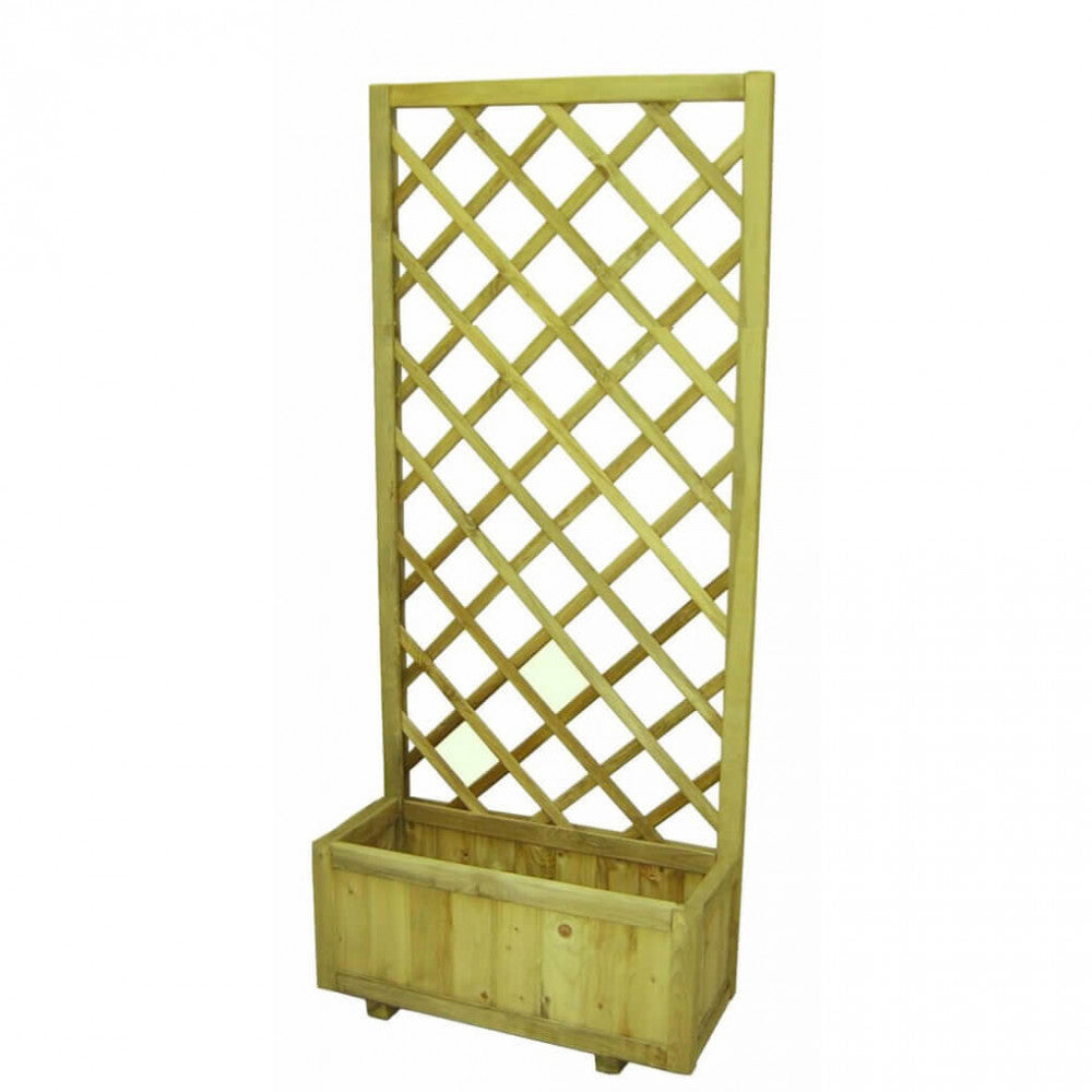 Fioriera con griglia in pino impregnato in autoclave, di colore legno naturale, su sfondo bianco | Albert Stock