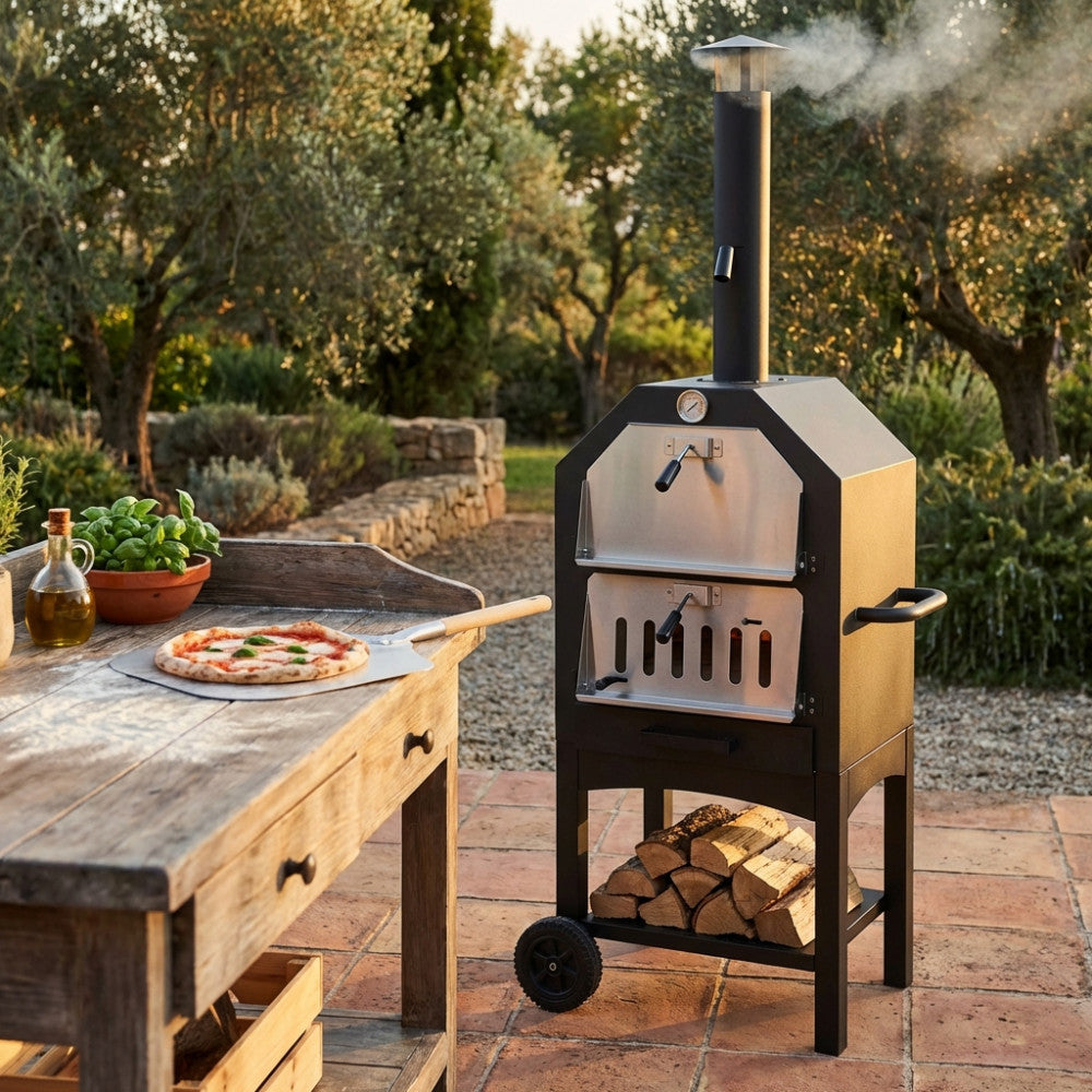 Forno per pizza Italy con sportelli in acciaio aperti accanto a un tavolo in legno grezzo.