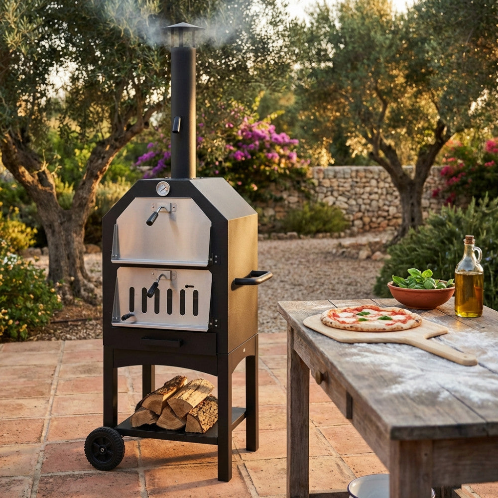 Forno per pizza Italy in metallo nero grigio posizionato in un cortile mediterraneo al tramonto.