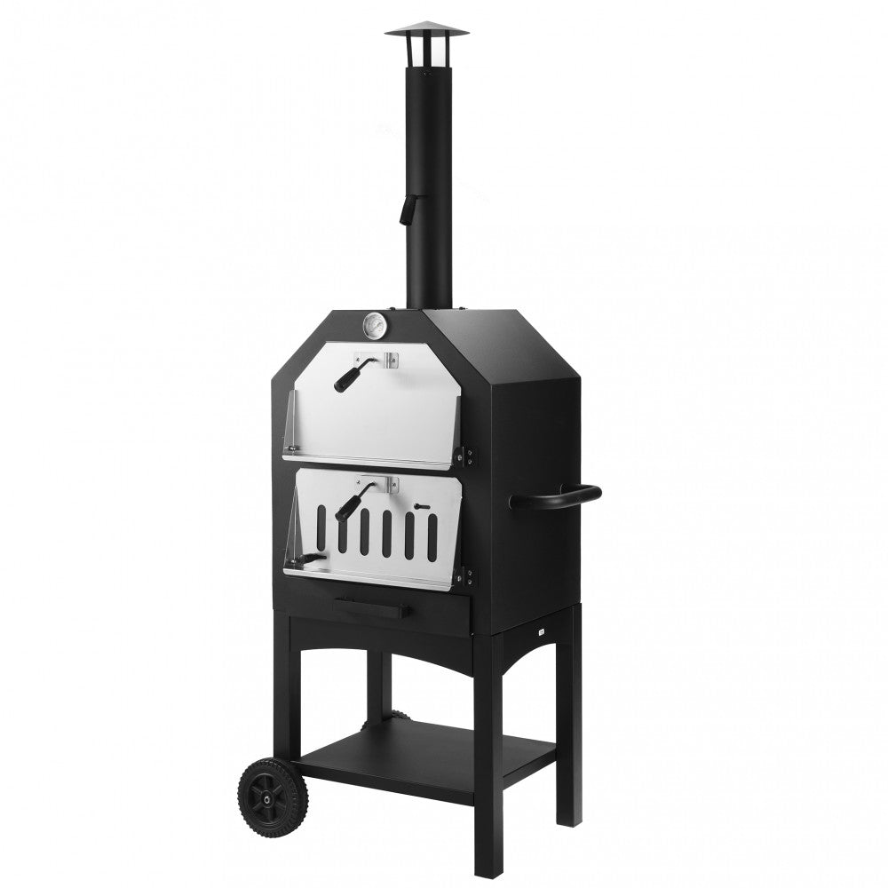 Forno per pizza Italy in metallo nero grigio isolato su sfondo bianco, vista frontale.