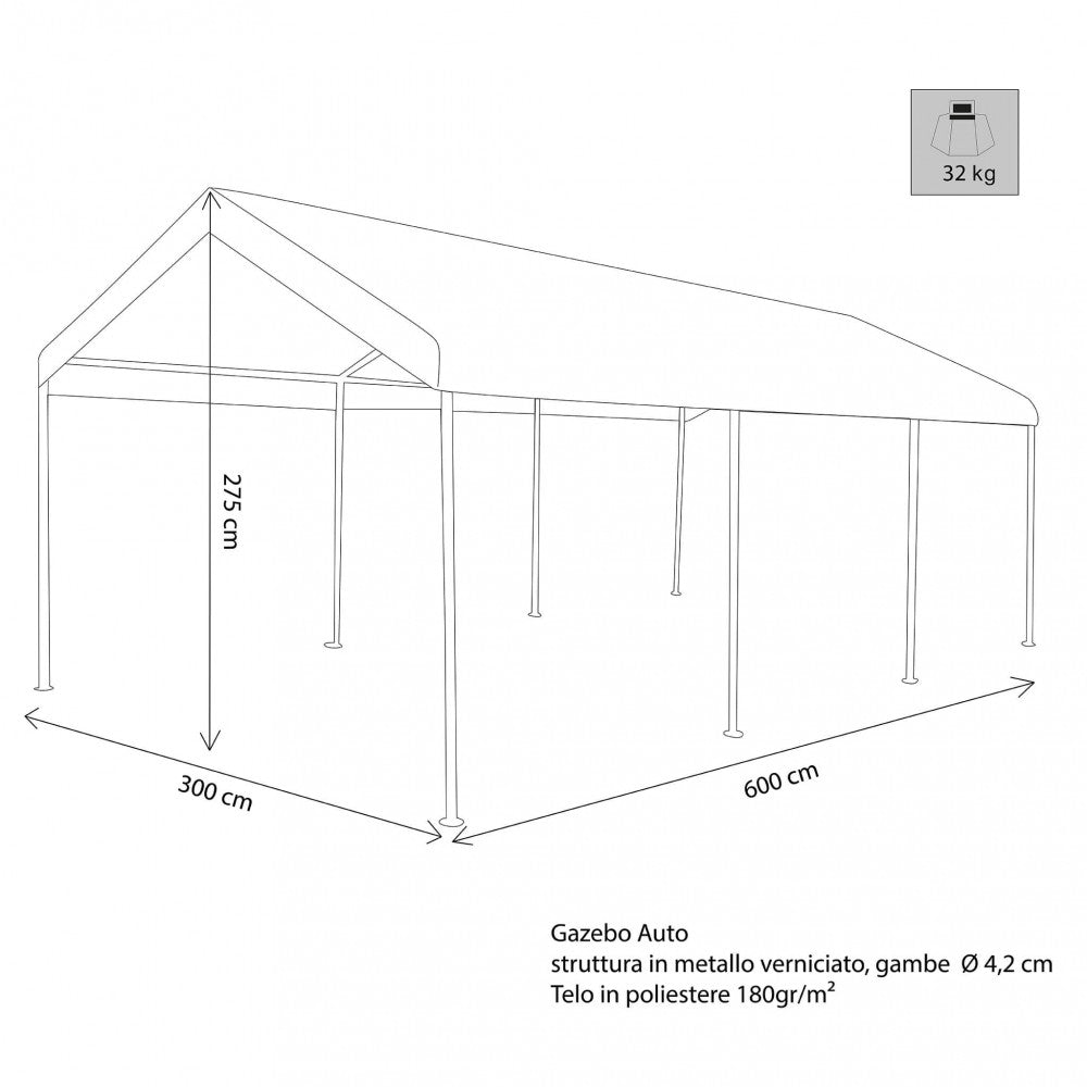 Disegno tecnico del gazebo auto con quote dimensionali: larghezza 300 cm, lunghezza 600 cm e altezza 275 cm.