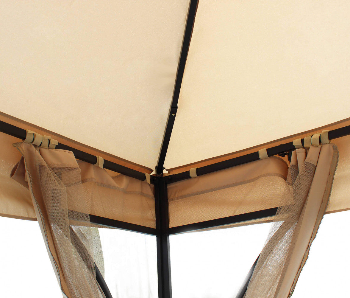 Gazebo da Esterno Hogan 3x3 con struttura in acciaio nero e telo ecrù, in un giardino.