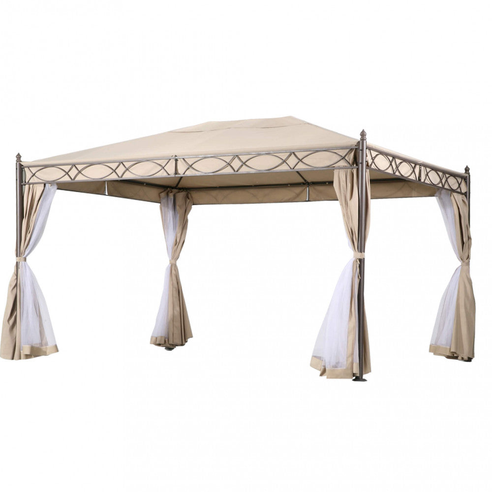Vista angolare del Gazebo Karnak 3x4 su sfondo bianco, evidenziando i dettagli decorativi del telaio e le tende laterali in poliestere.