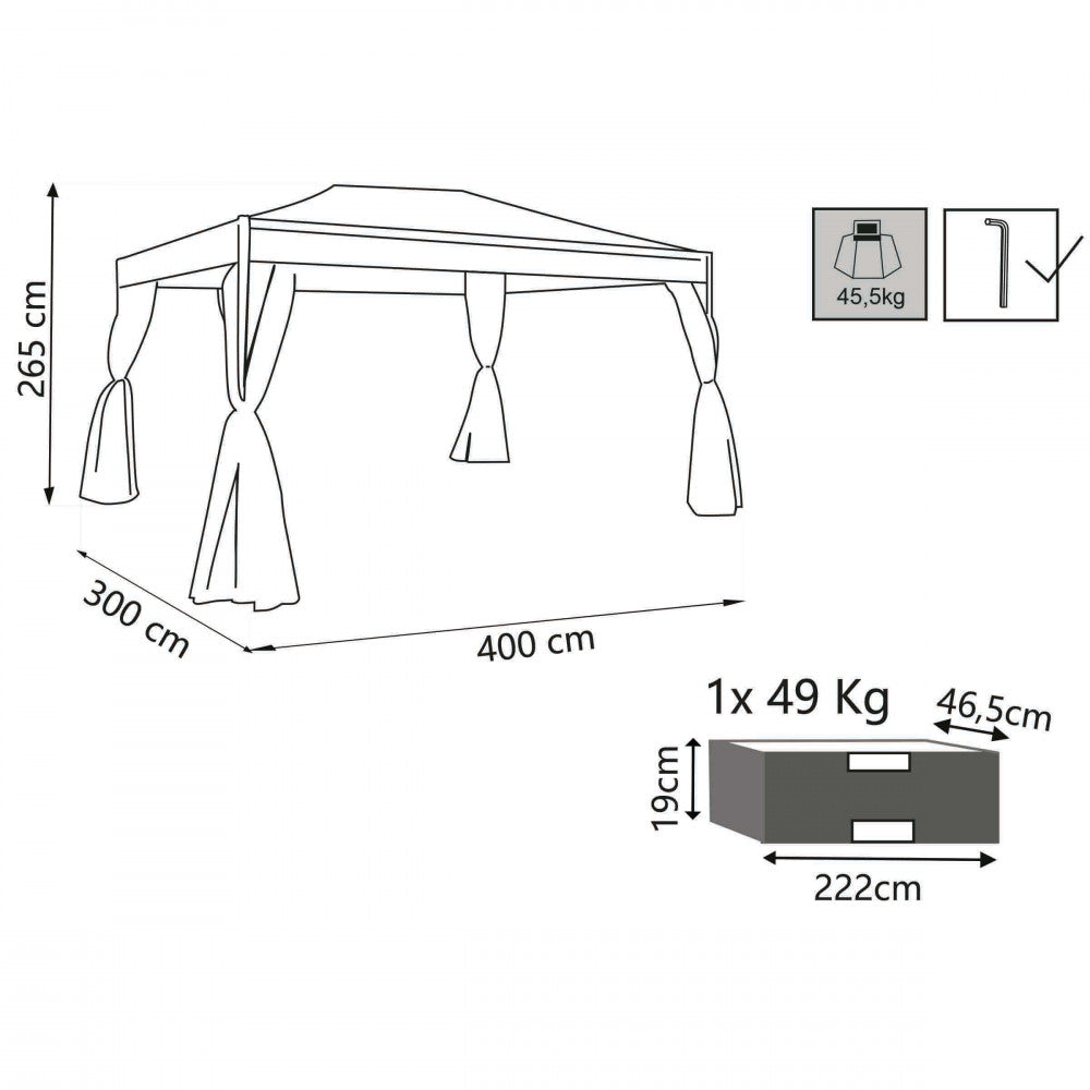 Disegno tecnico del Gazebo Karnak 3x4 con quote dimensionali che indicano 300 cm di larghezza, 400 cm di lunghezza e 265 cm di altezza.