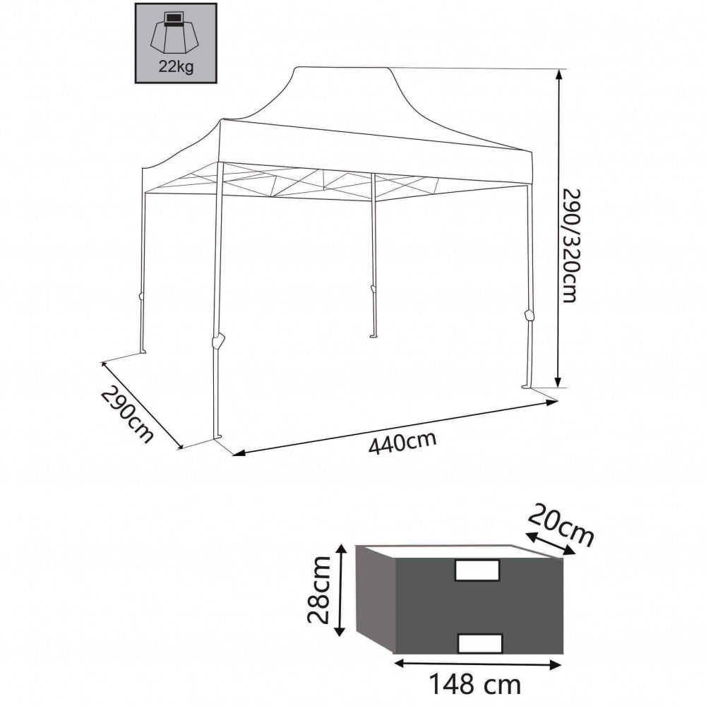 Schema tecnico con dimensioni del gazebo Cosma Modello GA802079-VRD