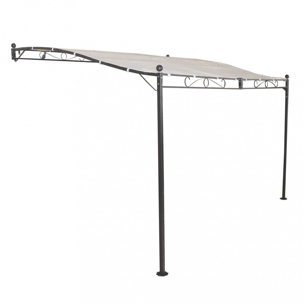 Vista frontale angolata del gazebo pergola addossato in acciaio antracite con copertura in poliestere ecrù su sfondo neutro.