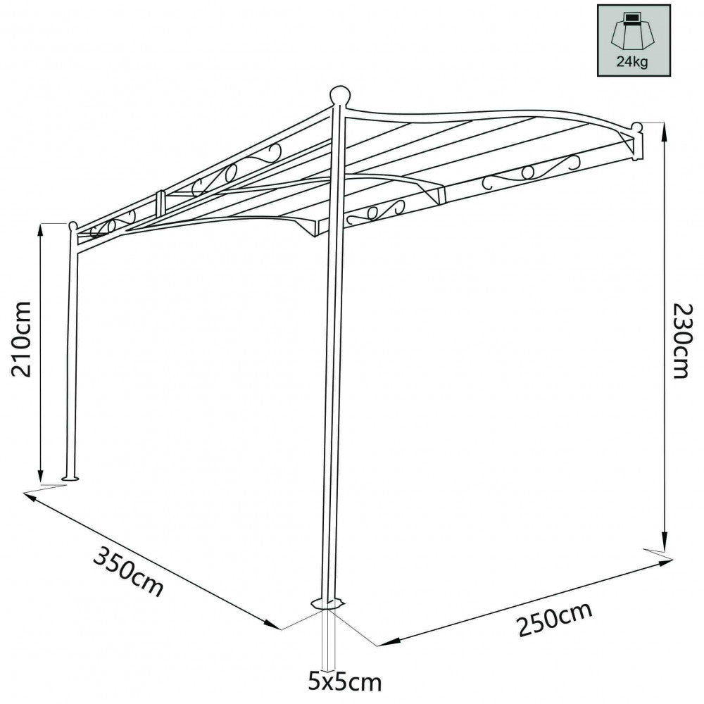 Disegno tecnico del gazebo pergola addossato con quote dimensionali: larghezza 350 cm, profondità 250 cm e altezze 210-230 cm.